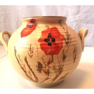 Ceramic Poppy Vase Wide Scroll Handles Art Deco Circa 1940s Floral Pottery